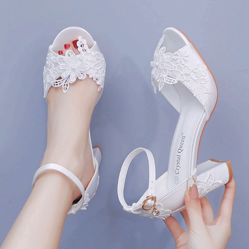 Peep Toe Heels - Vrouwen witte zijden hoge hakken zomer