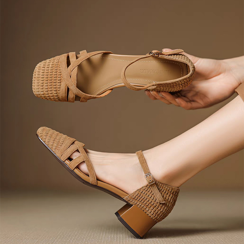 Ankle Strap Heels - Retro Weave Hoge Hak Sandalen Vrouwen