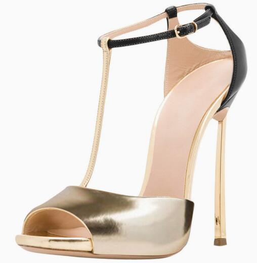 Peep Toe Heels - Gouden Zwarte Patchwork T-riem Peeptoe Sandalen