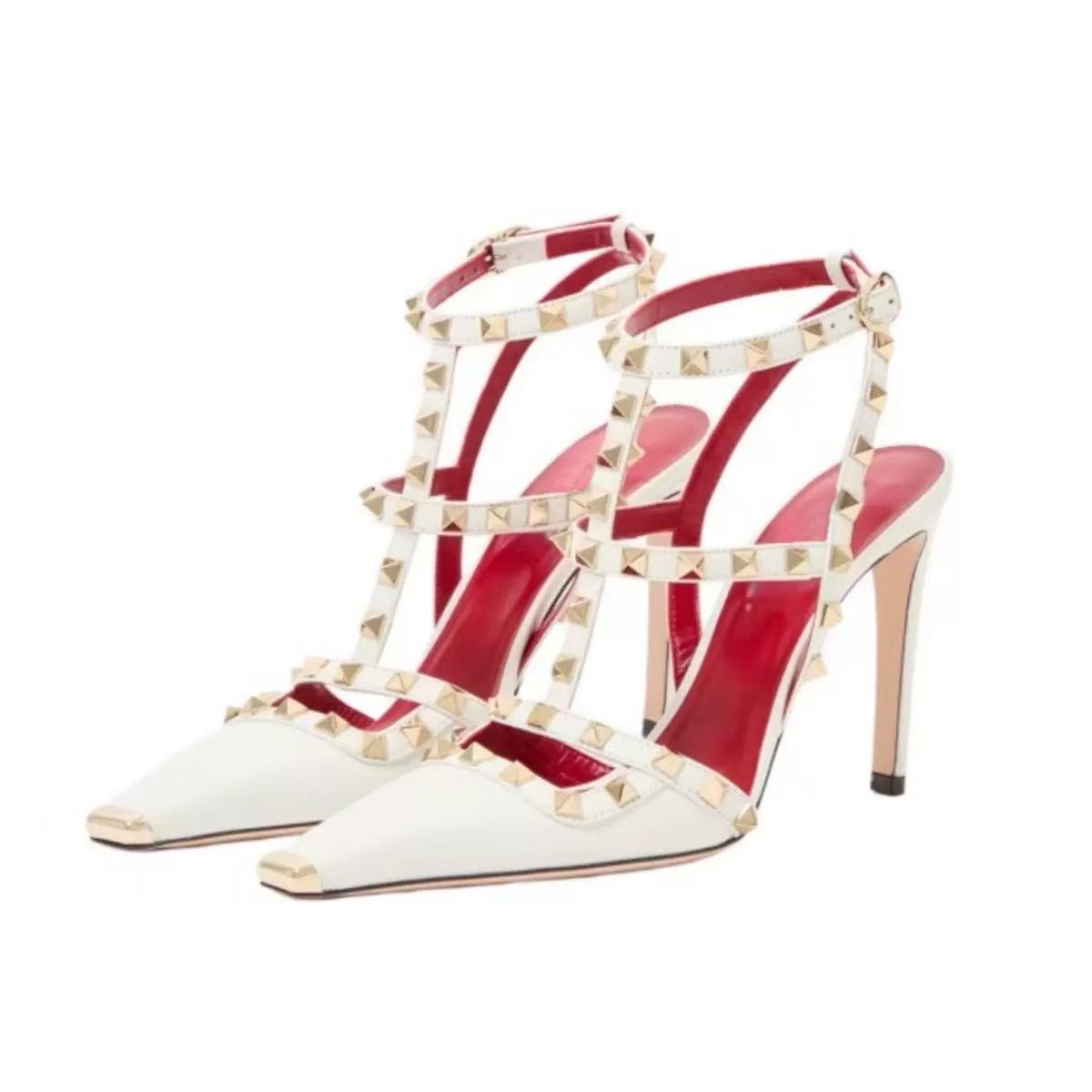 Ankle Strap Heels - Dames pumps met gesp, gespijkerde puntige