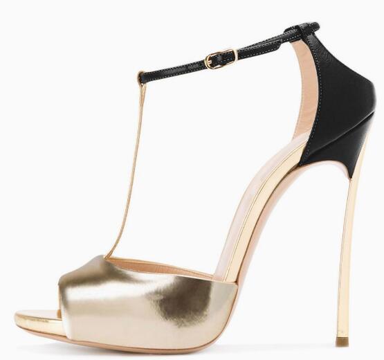 Gouden Zwarte Patchwork T-riem - Peep Toe Heels recensie en prijs